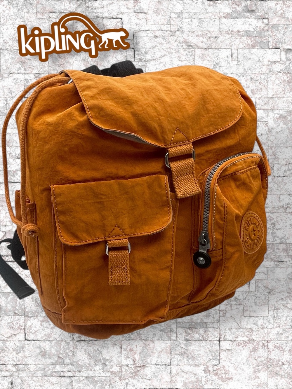 Kipling Vintage Crinkle Nylon Cargo Drawstring Mini Backpack – Orange